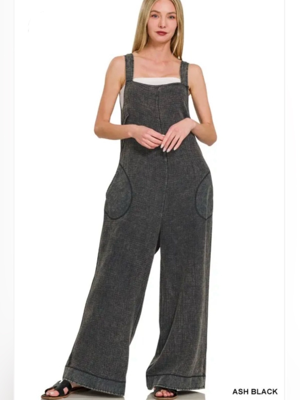 ZENANA - Double Gauze Washed Wide Leg Overalls.  size L